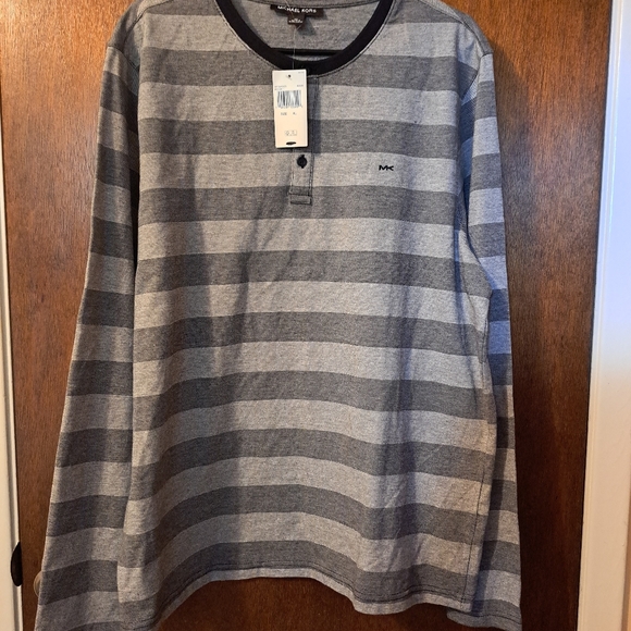 NWT XL Mens Michael Kors MK Logo Crewneck Long Sleeve Striped Henley Mesh Shirt - Picture 4 of 4